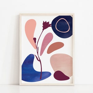 Mid Century Modern Wall Art, Abstract Art Print, Botanical Art Poster, Boho Wall Decor, Scandinavian Wall Art, Blue and Blush Printable Art