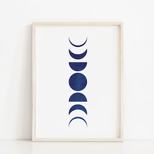 Blue Moon Phases Art Print Nursery Decor, La Luna Mid Century Modern Printable Wall Art, Navy Blue Lunar Phases Print, Minimalist Art Poster
