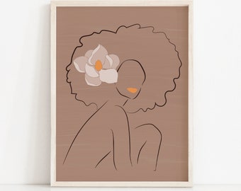 Impresión artística de mujer negra: Flor bohemia, cabello rizado (descarga digital)