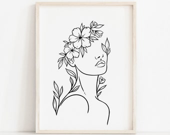 Line Art Woman Flower Crown Printable Wall Decor, Minimalist Floral Female Line Art, Line Art Face Boho Wall Decor, Black & White Wall Art