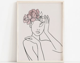 Blush Pink Woman Line Art Print: Boho Floral Decor (Digital Download)