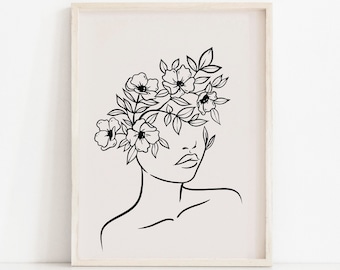 Impresión artística de líneas florales de mujer abstracta: decoración bohemia neutra (descarga digital)