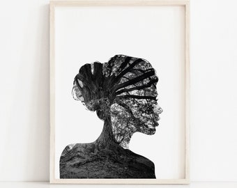 Tree of Life Photography, Black and White Nature Photography, Mother Nature Illustration Minimalis Wall Art, Female Face and Tree Boho Decor