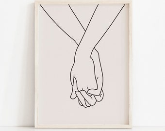 Impresión artística de pareja de enamorados tomados de la mano: Decoración minimalista (descarga digital)