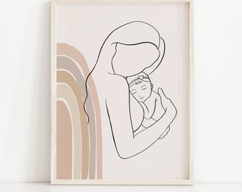 Lámina artística de madre y bebé: Decoración bohemia para habitación infantil (descarga digital)