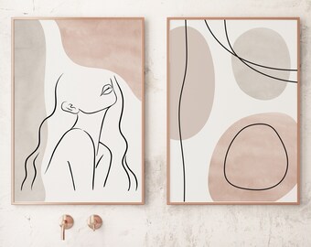 Conjunto de láminas con rostros de mujer en estilo arte lineal, tonos nude, decoración bohemia de mediados de siglo (descarga digital)