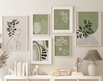 Conjunto de arte mural de galería botánica: Hojas verdes, arte lineal (descarga digital)