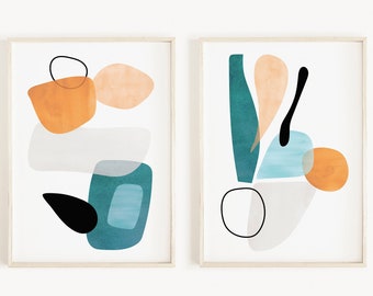 Abstract Printable Wall Art, Mid Century Modern Art Set of 2, Geometric Blue and Orange Art Print