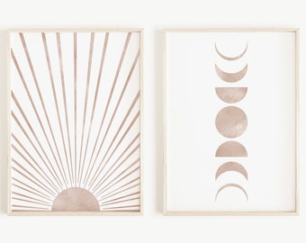 Láminas artísticas de las fases del sol y la luna: beige, estilo moderno de mediados de siglo (descarga digital)