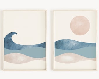 Conjunto de láminas artísticas de olas y sol de mediados de siglo (descarga digital)