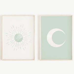 Sun and Moon Art Print Wall Decor Set of 2, Mid Century Modern Printable Art, Mint Green Moon & Sun Nursery Decor Minimalist Wall Art Poster