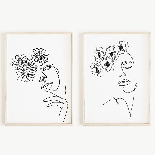 Femme avec des fleurs line Art Printable Set of 2, Woman Face Single Line Drawing, Minimalist Black and White Female Face in Flowers Boho Decor