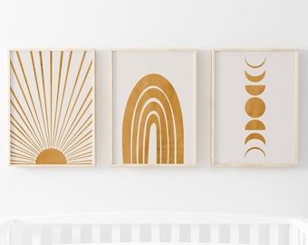 Láminas artísticas de Sol, Luna y Arcoíris: Decoración bohemia para habitación infantil (Descarga digital)