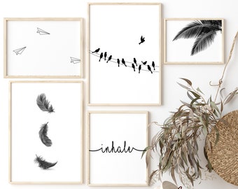 Gallery Wall Minimalist Printable Art Set of 5, Black and White Minimal Poster Bundle, Feathers Birds Leaves Paper Airplanes Set of Five