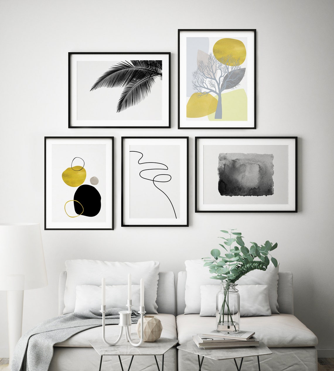 Gallery Wall Minimalist Printable Art Set of 5 Yellow Gray | Etsy