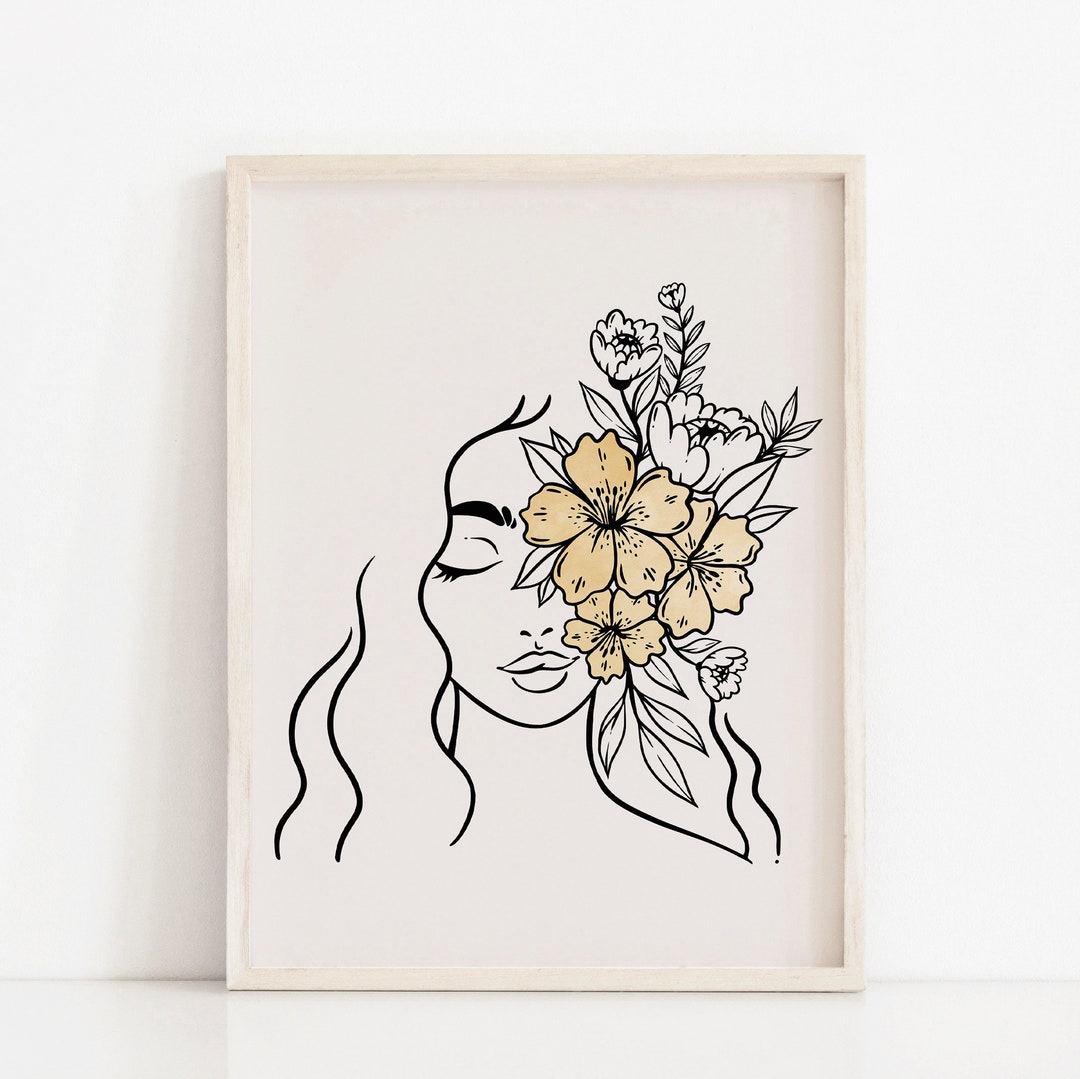 Woman and Flowers Line Art Print: Boho Neutral Decor (digital Download ...