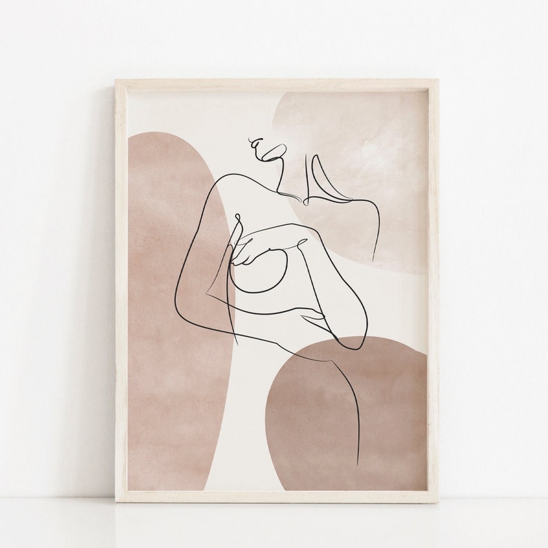 Puede incluir: Un dibujo de l&iacute;nea de un torso con los brazos cruzados delante. El dibujo est&aacute; en blanco y negro y se coloca sobre un fondo de formas abstractas en tonos marrones.