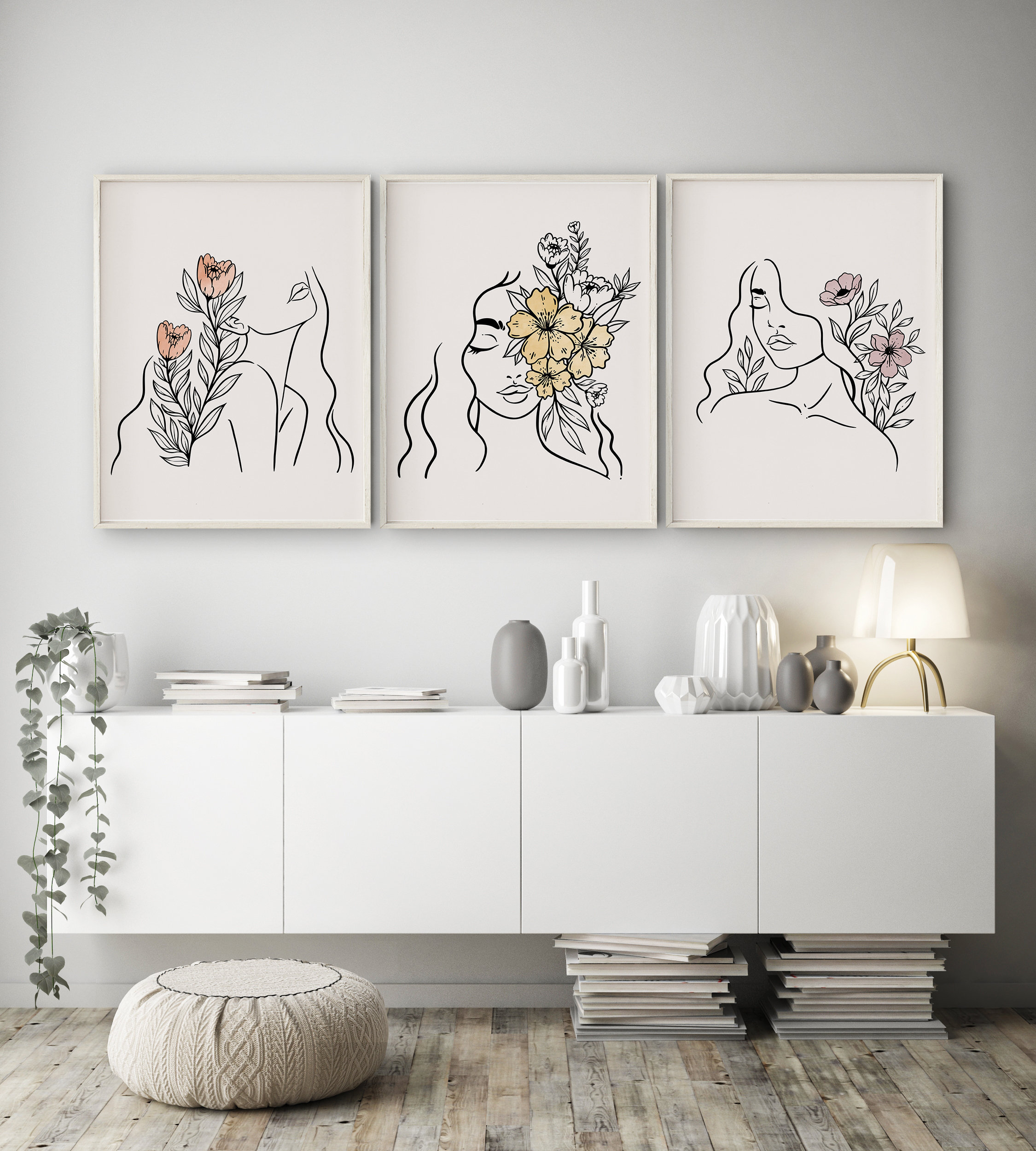 Gallery Wall Set Minimalist Art Print Set of 3 Female Body Vase Art Landscape Wall Decor Boho Woman Line Drawing