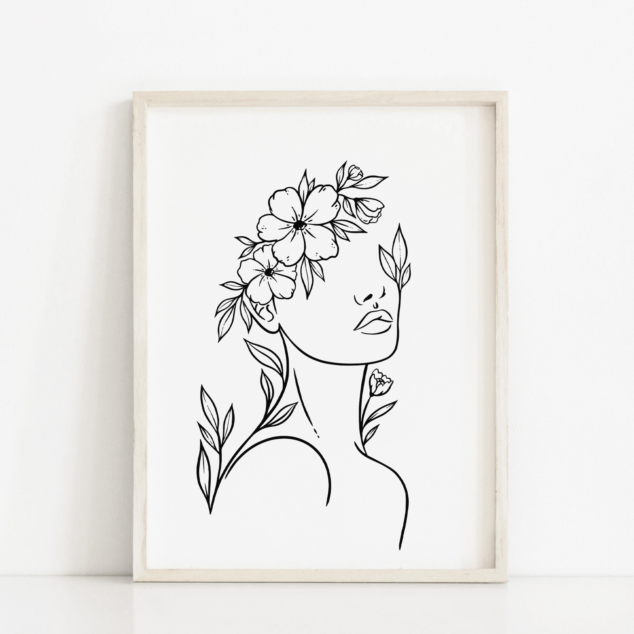 Digital Download Modern Minimalist Female Line Drawing Flowers Woman Print Line Wall Art Sketch Woman With Flower Head Print