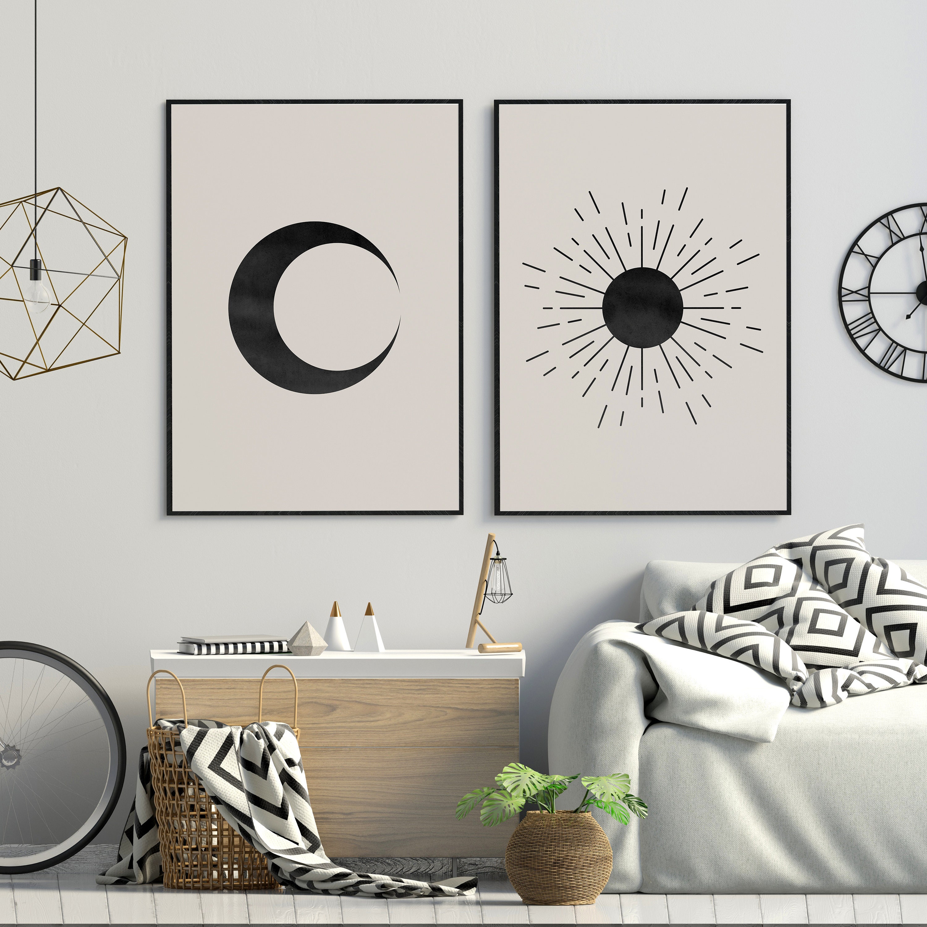 Sun and Moon Art Print Wall Decor Set of 2 Mid Century Modern Etsy