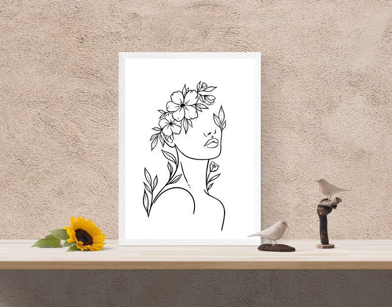 line art woman flower crown printable wall decor