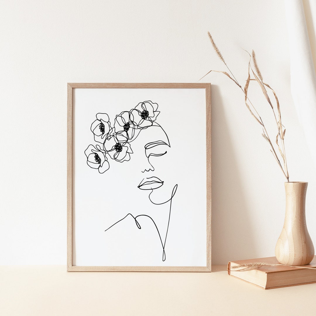 Line Art Woman Flower Crown Printable Wall Decor, Minimalist Floral