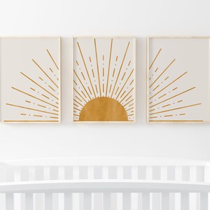 Sun Mid Century Modern Printable Art Wall Decor Set of 3, Yellow Sunset ...