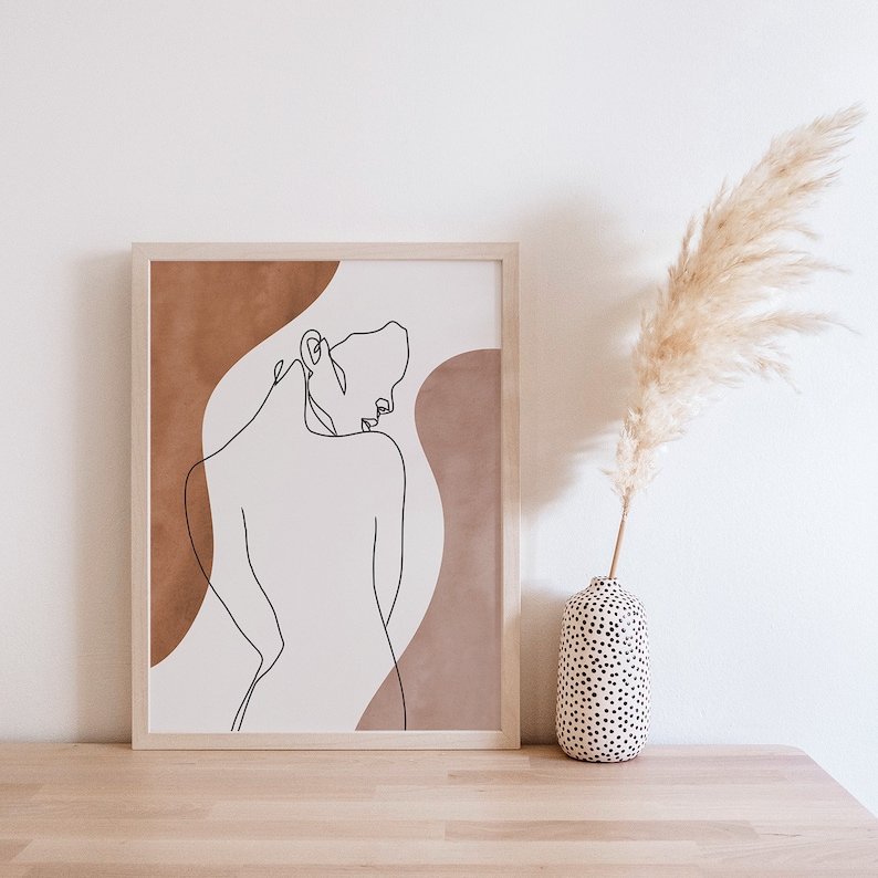 Abstract Body Line Art Print, Nude Woman Body Single Line Wall Decor, Minimalist Neutral Colors Printable Wall Art, Earth Tones Female Body 