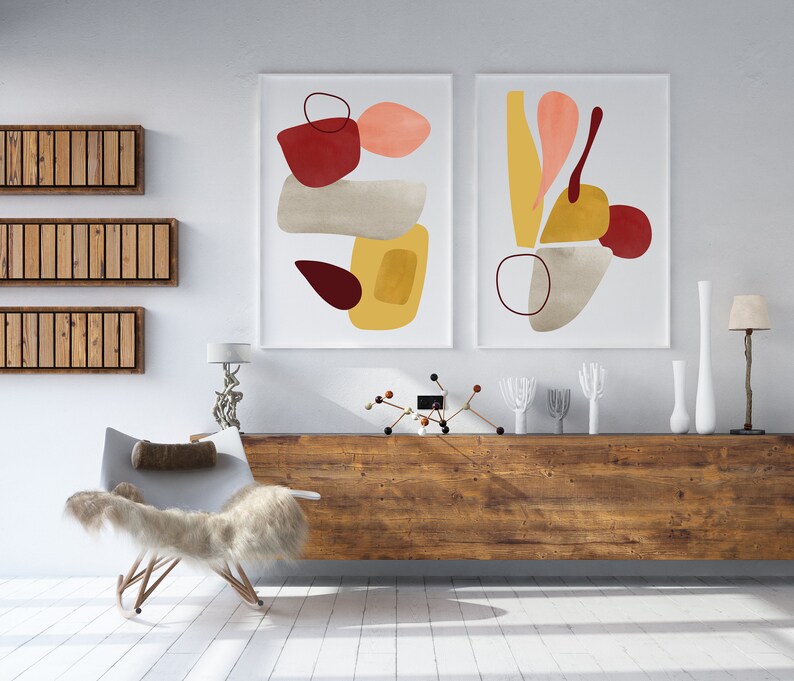 Mid Century Modern Art Set of 2 Abstract Printable Wall Art Etsy