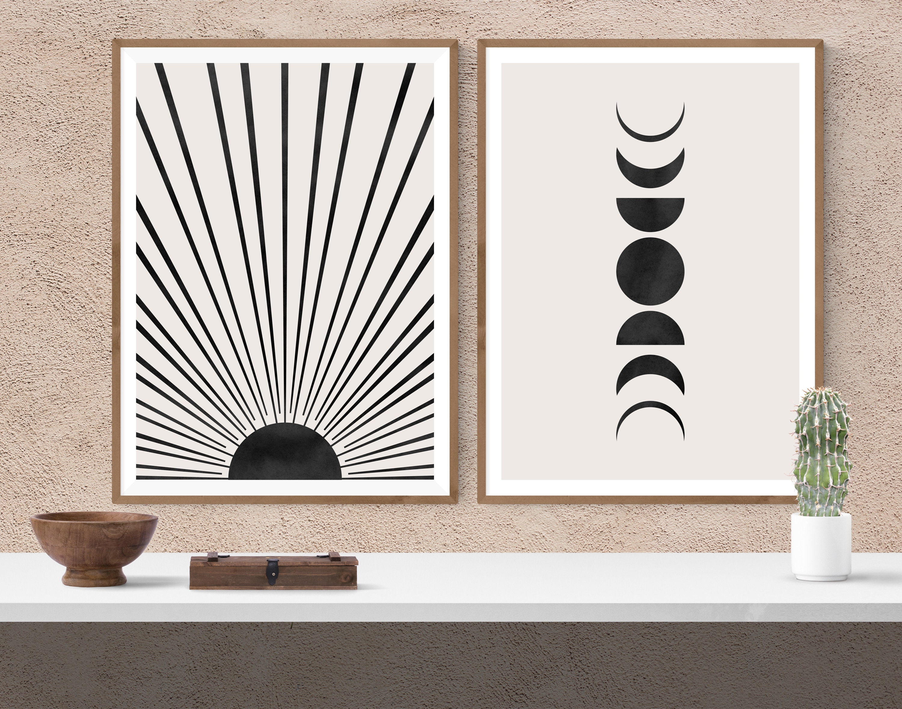 Sun and Moon Phases Art Print Boho Decor Set of 2 Black and Etsy