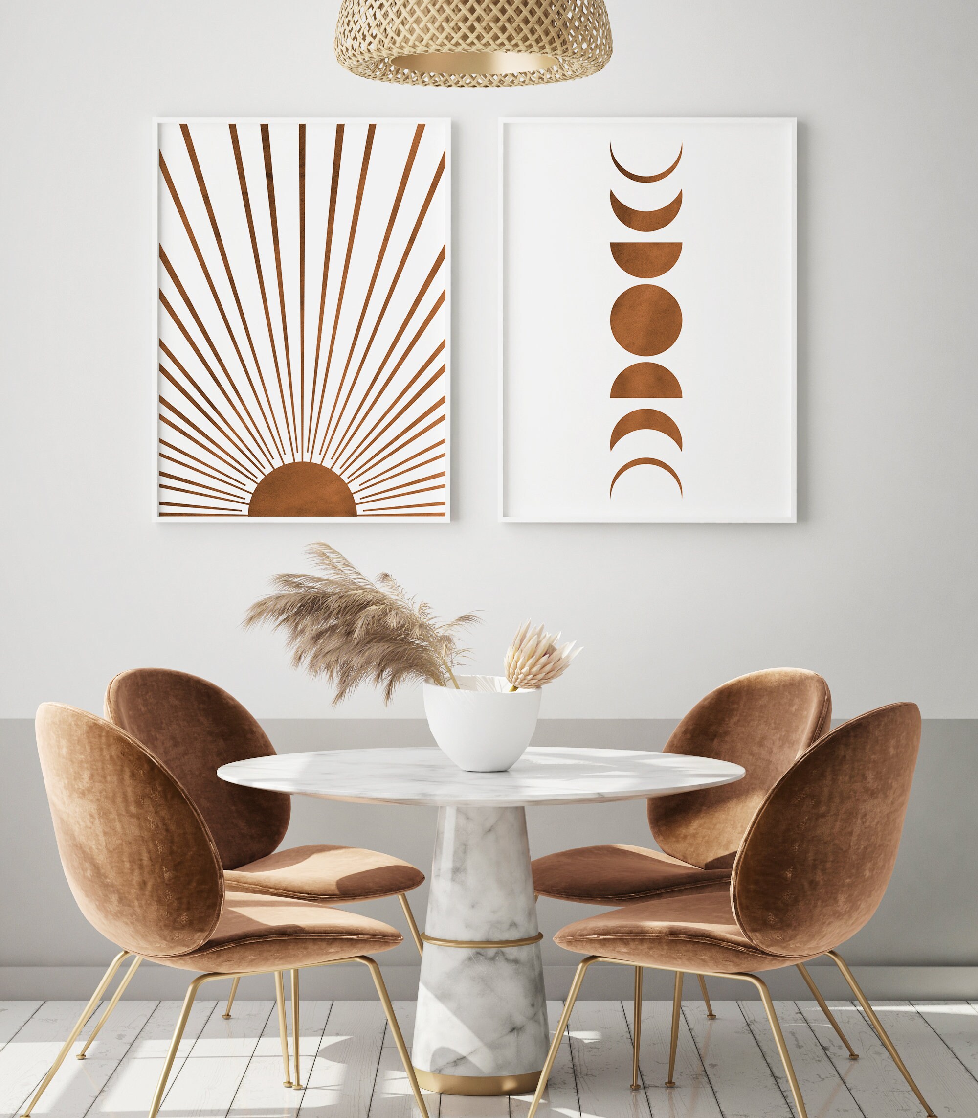 Sun and Moon Phases Art Print Boho Decor Set of 2 Terracotta Wall Art ...