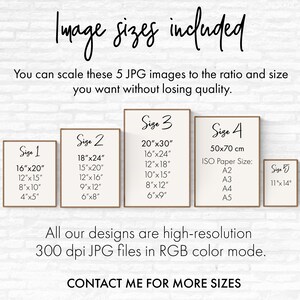 Puede incluir: Se muestran cinco tama&ntilde;os diferentes de impresiones de arte digitales imprimibles en una maqueta de im&aacute;genes enmarcadas. Los tama&ntilde;os se indican en pulgadas y cent&iacute;metros. El texto "Image sizes included" est&aacute; en la parte superior de la imagen. El texto "You can scale these 5 JPG images to the ratio and size you want without losing quality." est&aacute; debajo de la imagen. El texto "All our designs are high-resolution 300 dpi JPG files in RGB color mode." est&aacute; debajo de la maqueta. El texto "CONTACT ME FOR MORE SIZES" est&aacute; en la parte inferior de la imagen.
