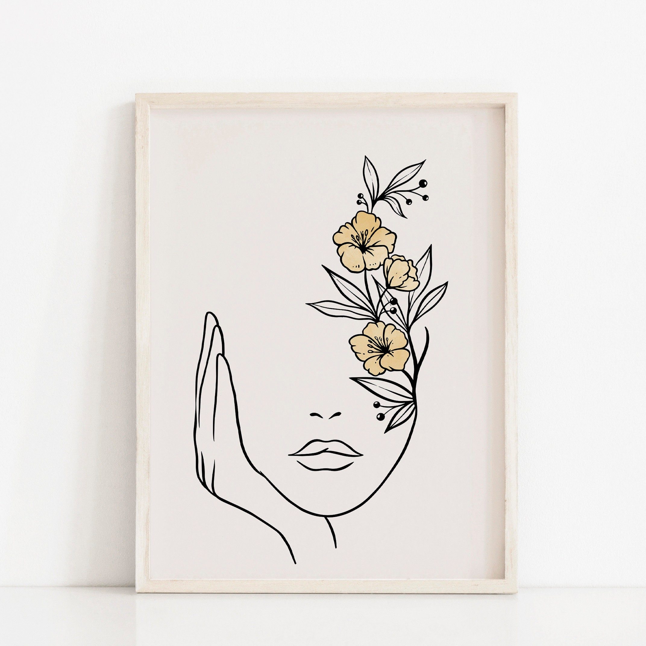 Woman With Flowers Line Art Print Woman's Face Neutral Etsy