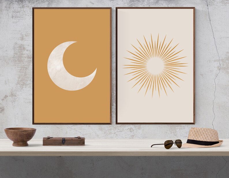 Sun and Moon Art Print Wall Decor Set of 2 Mid Century Modern Etsy