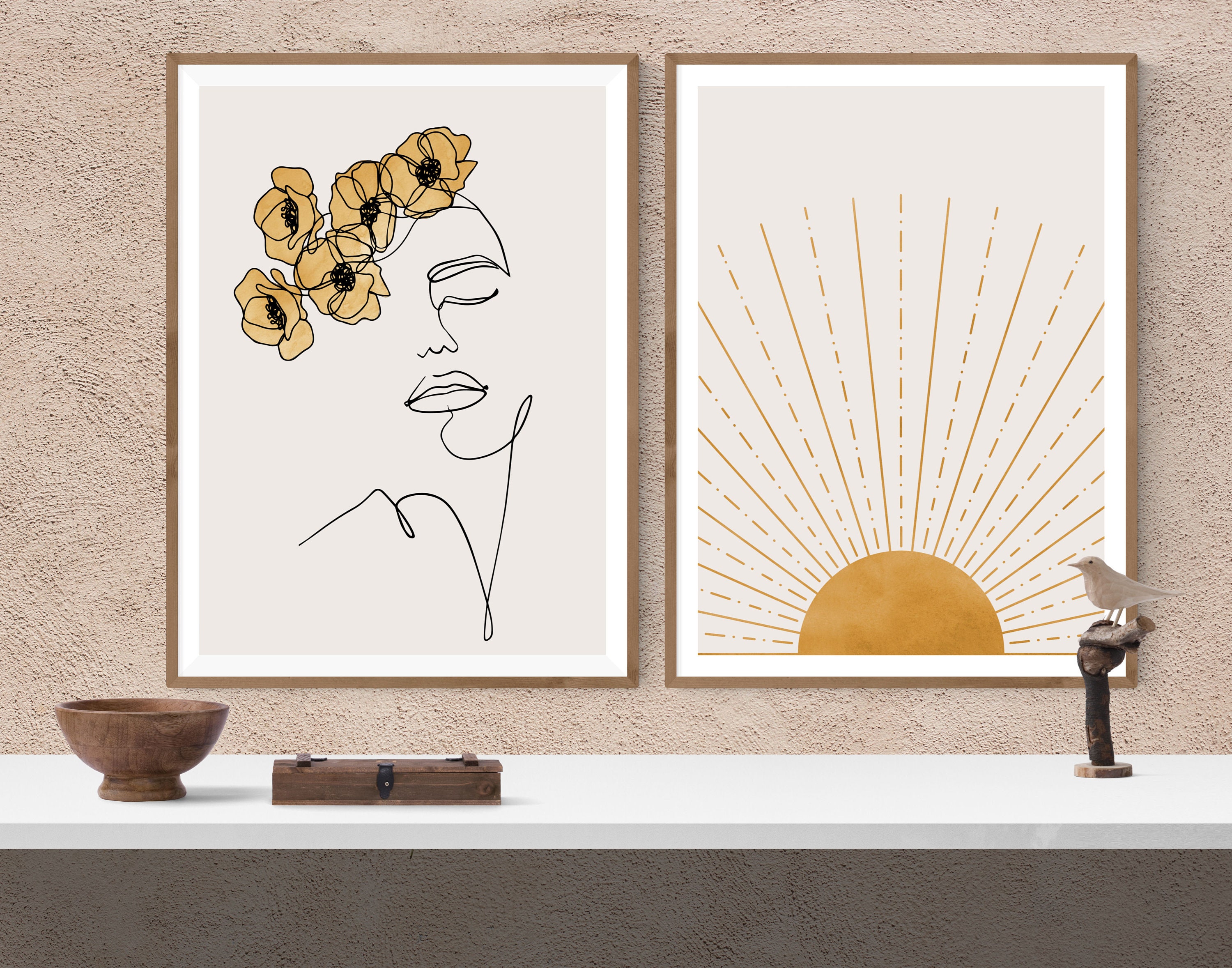 Woman Line Art & Abstract Sunset Printable Wall Decor Set of | Etsy