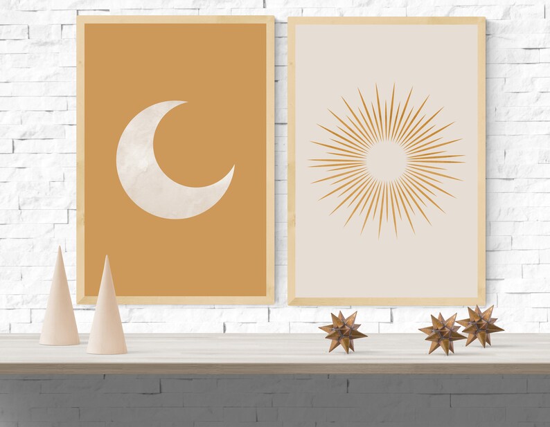 Sun and Moon Art Print Wall Decor Set of 2 Mid Century Modern Etsy
