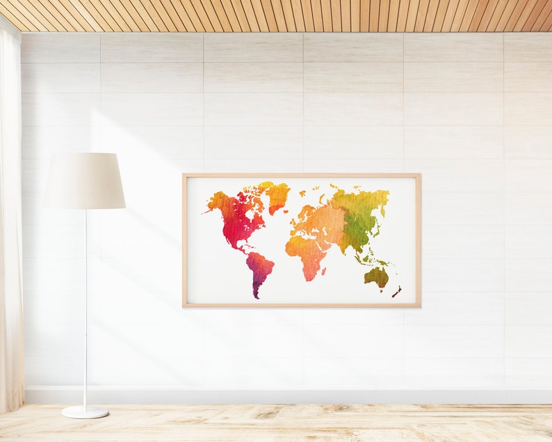May include: A watercolour world map print in a light wood frame. The map is painted in shades of red, orange, yellow, and green.