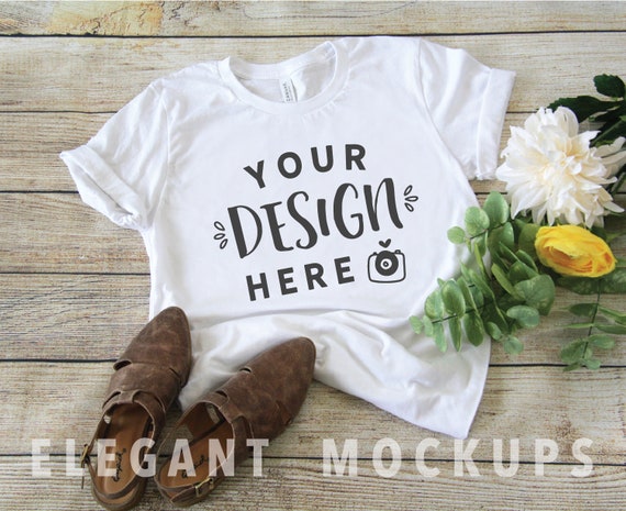 White Shirt Yellow Flowers Mockup Bella Canvas 3001c Jpg Etsy