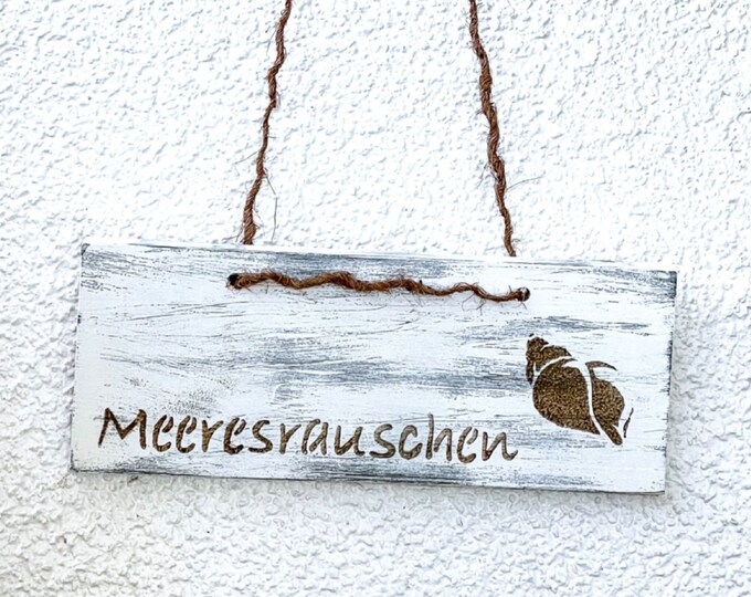 Sea sound with shell motif - Cosy wooden sign - for decoration with beautiful bast cord for hanging