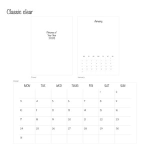Design Classic clear im Überblick: Cover „Pictures of Your Year 2028“, Januarseite und Kalendarium-Detail mit feinen Linien und klarer Schrift – A3-Blankokalender