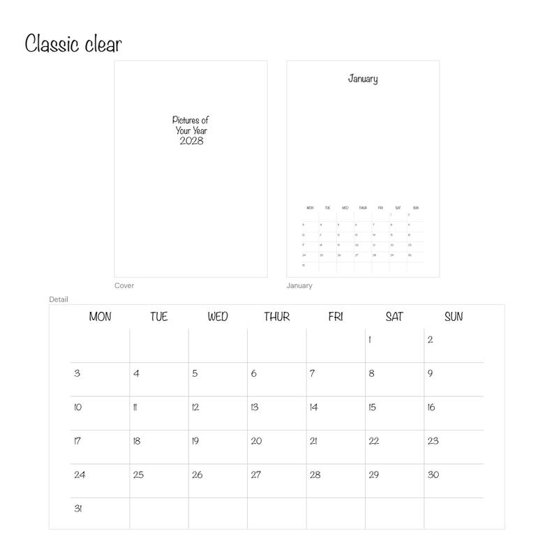 Design Classic clear im Überblick: Cover „Pictures of Your Year 2028“, Januarseite und Kalendarium-Detail mit feinen Linien und klarer Schrift – A3-Blankokalender