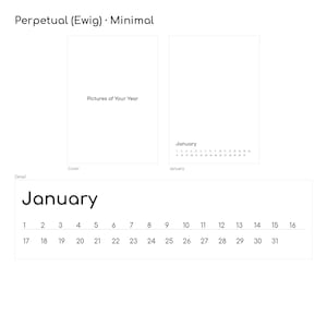 Ewiger Kalender (Perpetual) im Design Minimal: Cover „Pictures of Your Year“, Januarseite und schlichte Zahlenzeile 1–31 – A3, jedes Jahr verwendbar