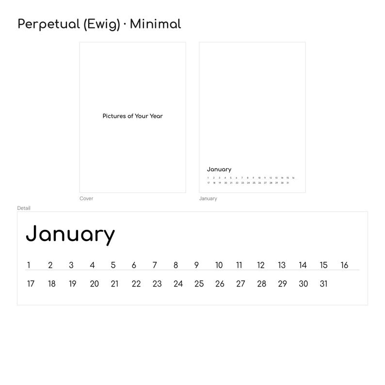 Ewiger Kalender (Perpetual) im Design Minimal: Cover „Pictures of Your Year“, Januarseite und schlichte Zahlenzeile 1–31 – A3, jedes Jahr verwendbar