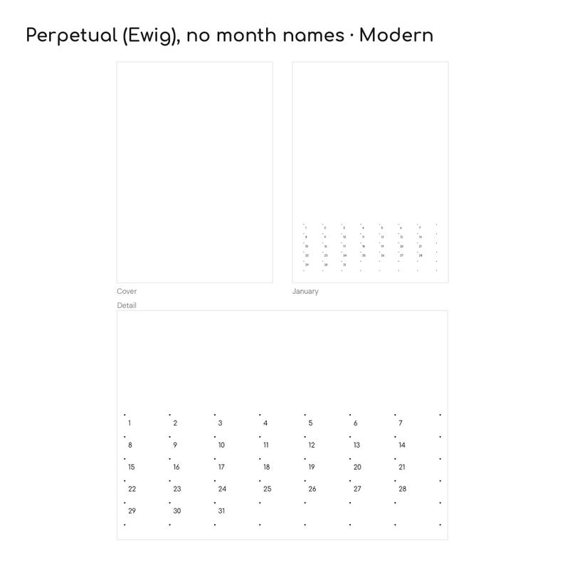 Ewiger Kalender ohne Monatsnamen im Design Modern: leeres Cover und Punktraster mit Tageszahlen 1–31 – A3-Blankokalender, ganz ohne Vorgaben
