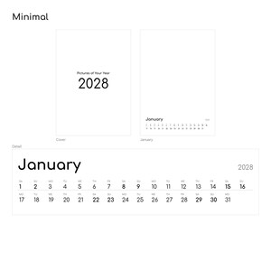 Design Minimal im Überblick: Cover mit Jahreszahl 2028, Januarseite und reduzierte Zahlenzeile als Kalendarium – A3-Blankokalender mit maximaler Freifläche