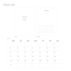 Design Classic soft im Überblick: Cover „Pictures of Your Year 2028“, Januarseite und Kalendarium-Detail in weicher, handschriftlicher Schrift – A3-Blankokalender