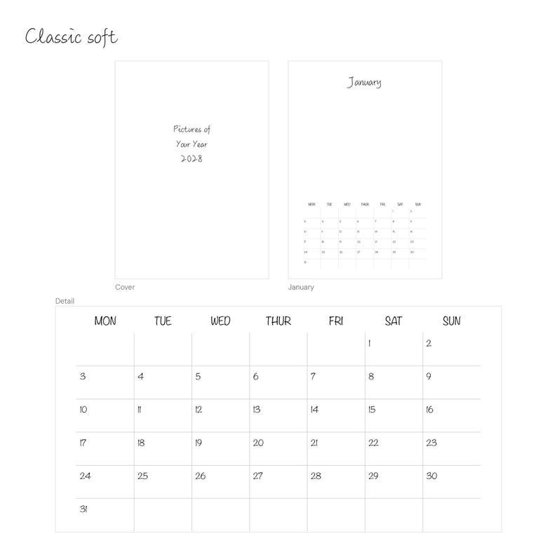 Design Classic soft im Überblick: Cover „Pictures of Your Year 2028“, Januarseite und Kalendarium-Detail in weicher, handschriftlicher Schrift – A3-Blankokalender