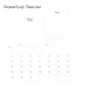 Ewiger Kalender (Perpetual) im Design Classic clear: Cover „Pictures of Your Year“, Januarseite und Tagesraster 1–31 mit feinen Linien – A3, jedes Jahr verwendbar