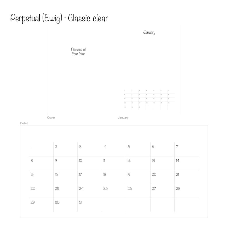 Ewiger Kalender (Perpetual) im Design Classic clear: Cover „Pictures of Your Year“, Januarseite und Tagesraster 1–31 mit feinen Linien – A3, jedes Jahr verwendbar
