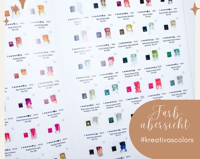 Color overview of all vegan #kreativascolors watercolor colors included in the range